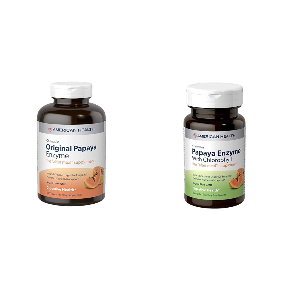 American Health Papaya Seedeensüüm Näritavad tabletid Bundle - Originaalne 600 Count ja klorofüll 100 Count