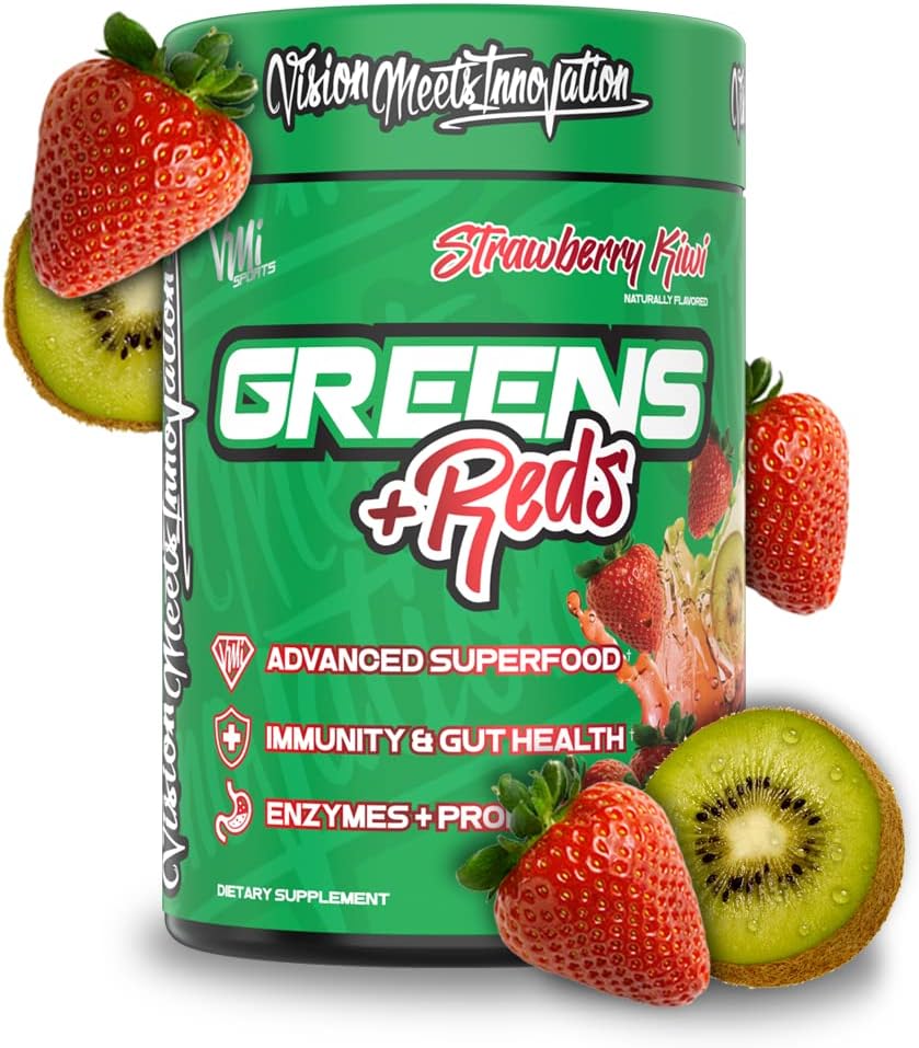 VMI Sports Greens + Reds Advanced Superfood Immunity ja soolestiku tervis | Ensüümid ja probiootikumid | 30 Servings (Maasikas Kiwi)