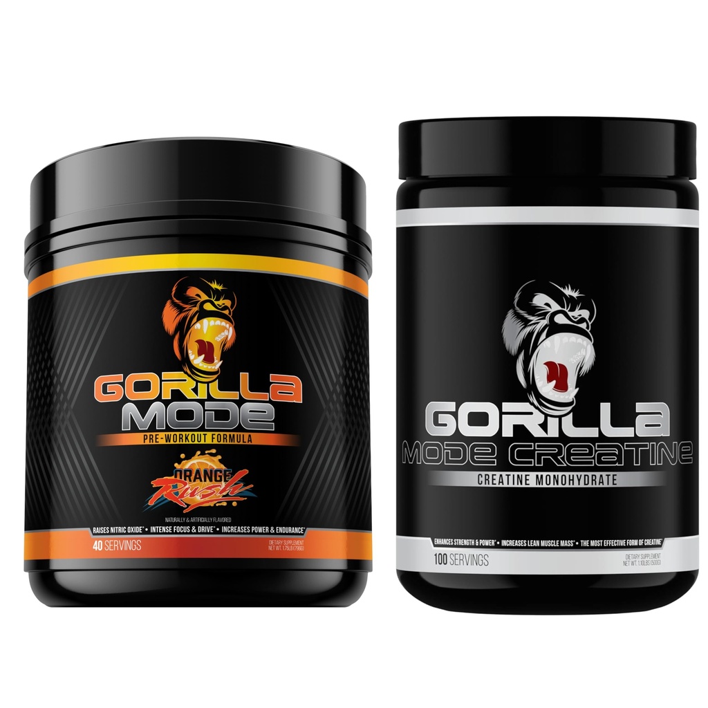 Gorilla Mind Pre Treening (Orange Rush) + Kreatiin (100 Serv) - Põhjalik Stack Parandatud Tugevus, Võimsus Väljund Ja Lihaste Suurus
