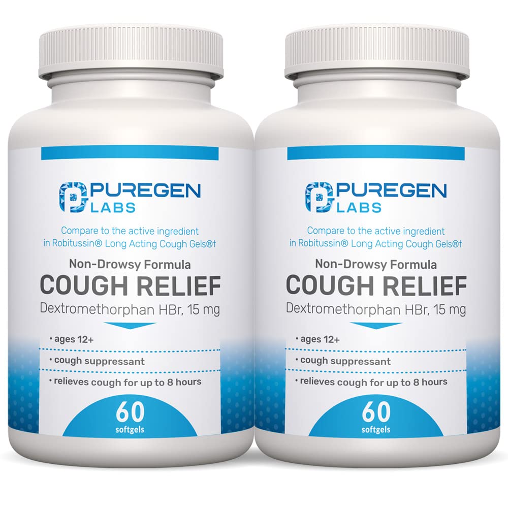 P Puregen Labs Köha leevendamine täiskasvanutele Dextromethorphan HBr 15mg (120 Softgels) 8-tunnine, mitte-uimane, pikaajaline bronhide supressant | Vanus 12+ | Võrreldes Robafeni ja Robitussiniga 2Pack