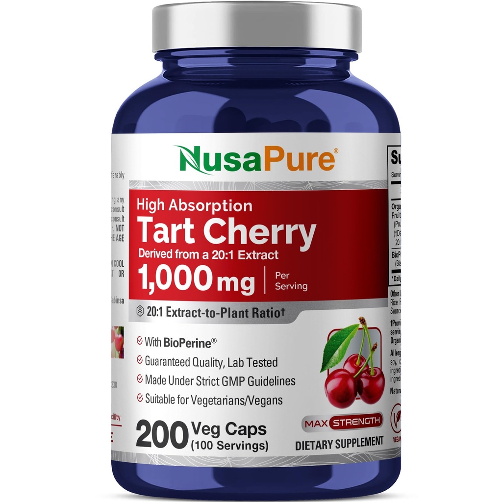 NusaPure Organic Tart Cherry 20: 1 Extract, 1000 mg Equivalent to 20 000 mg 200 Veggie Caps (Vegan, Non-GMO) Bioperine