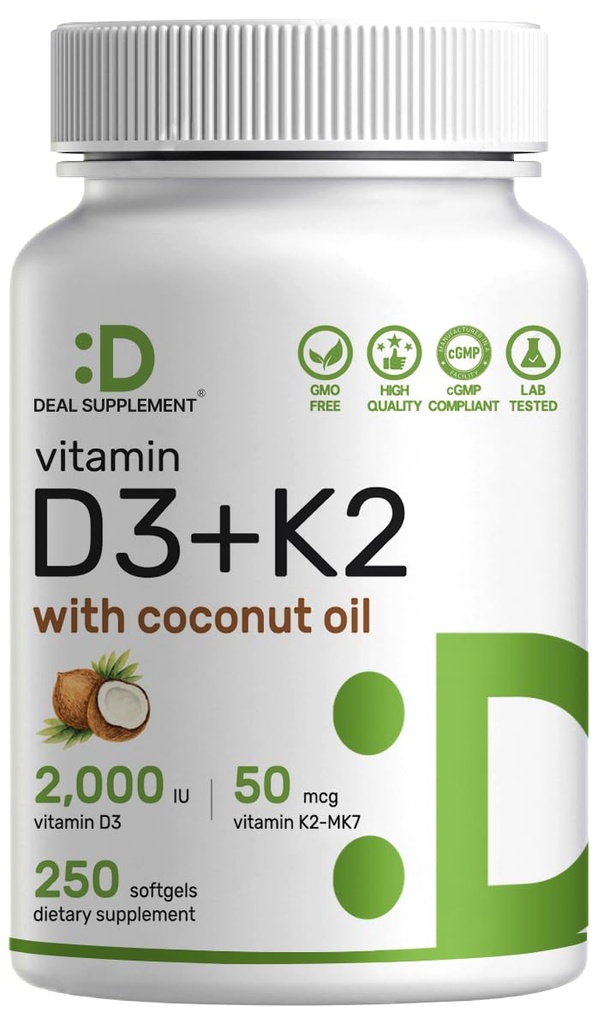 DEAL TÄIENDAV D3-vitamiin 2,000 IU + K2 MK7 50mcg Softgels | 2-in-1 Kompleks Neitsi Kookosõliga | Toetab südant, Luud, Hambaid Ja Immuunsust | Lihtne neelata