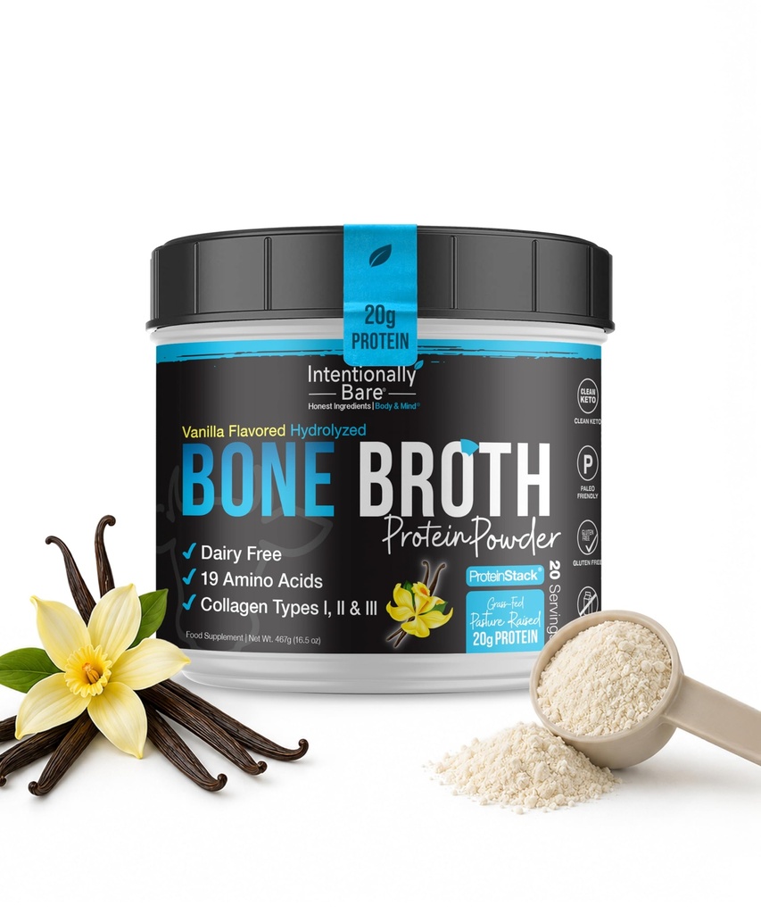 Intentionally Bare Bone Broth Protein Powder Vanilla - Rohu-Fed Protein Pulber Multi-Kollageeni Peptiididega Tüüp 1 2 ja 3 - Piimavaba Luupuljong Puljong nahale, soolestikule ja liigesele - 20 Servingut
