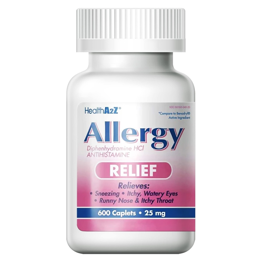 HealthA2Z® allergia leevendus | difenhüdramiin HCL 25mg | Antihistamiin | leevendus sügelevast kurgust, aevastamisest, runny ninadest | sise- ja välisallergia (600 Caplets (1. pakk))