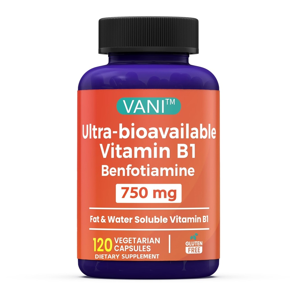 VANI B1-vitamiin 750 mg benfotiamiiniga, 2 : 1 täiustatud valem - rasv ja lahustuv tiamiin B1 lisand | 120 kapslit | gluteenivaba