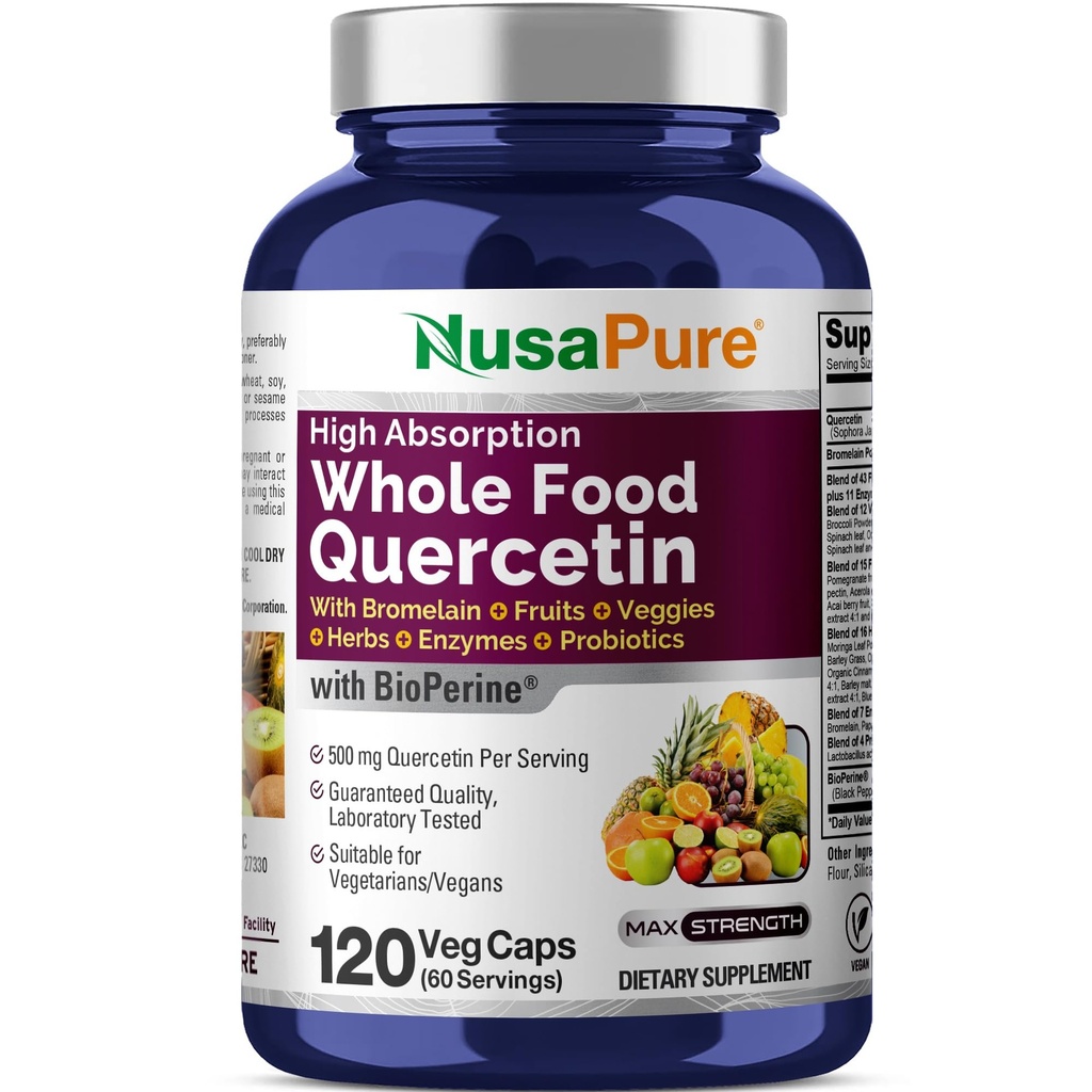 NusaPure Quercetin koos Bromelain 500mg |120 Veggie Caps | 43 Puuviljad Veggie Teraviljataimed Ensüüm Probiootiline Blend | Mitte- GMO, Vegan, Bioperine