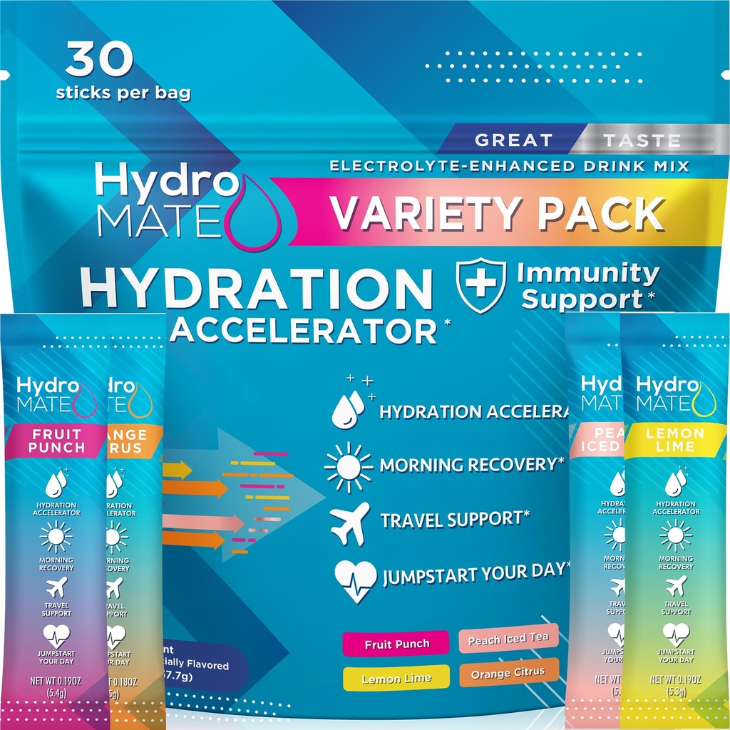HüdroMATE Elektrolüüt Pulber Variety Pack Hüdreerimispaketid Madal suhkur 30 Count