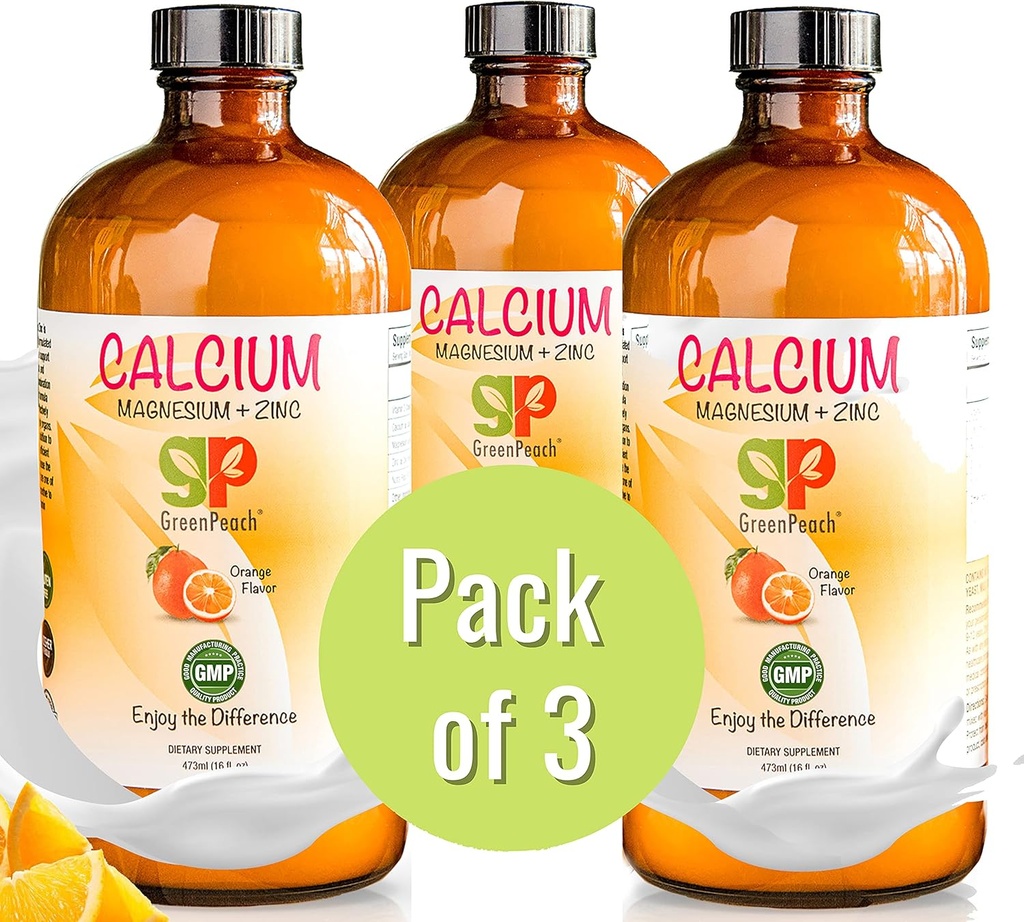 GreenPeach Vedel Kaltsium lastele - Magneesium, D3 & Tsink Lisand - Kaltsiumtsitraat Ja Vitamiin D3 Lapsed Rahustav Siirup - Ei Suhkur Ei Kunstlikud Maitsed - Taimetoitlane Kosher (3-Pack)