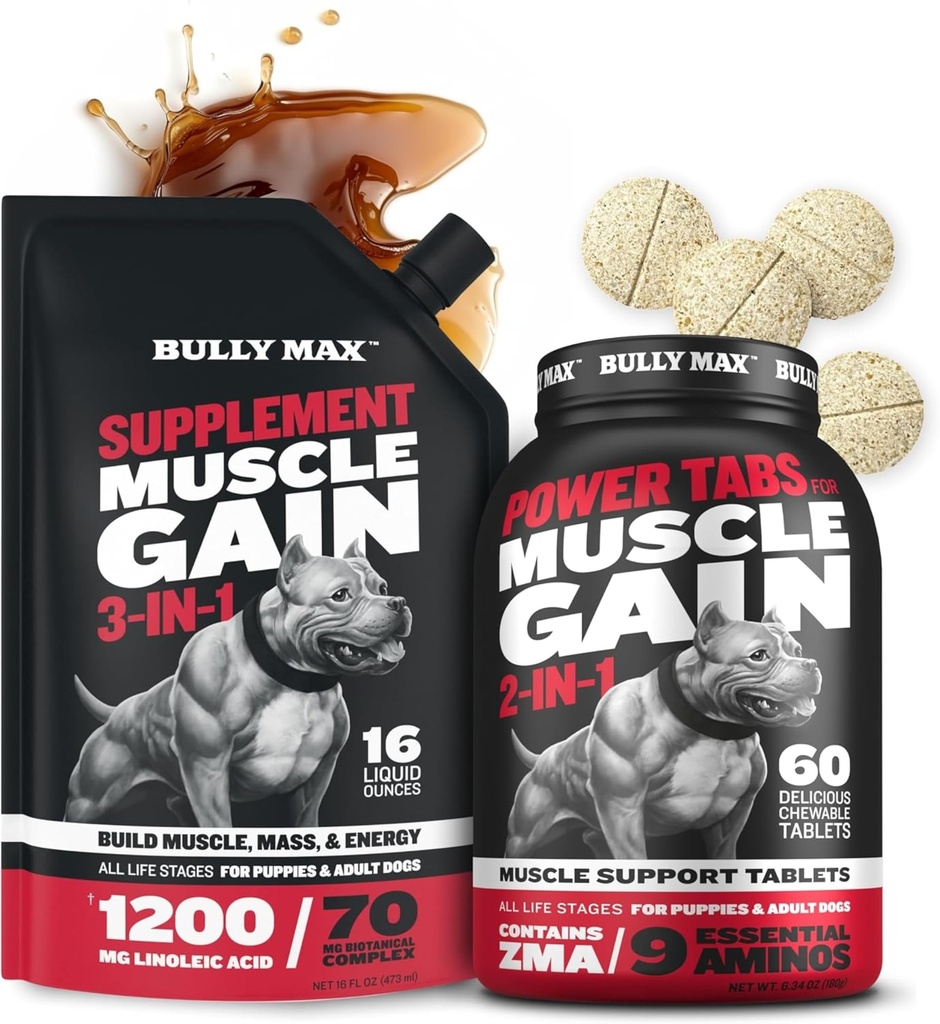 Bully Max 3-in-1 Vedel koera lihaste ehitaja ja Power Tabs (60 tabs) Komplekt – kõrge valgulisandi ja närimistable multivitamiinid lihaste kasvu, energia ja taastumise kõik tõud, kutsikad ja täiskasvanud koerad
