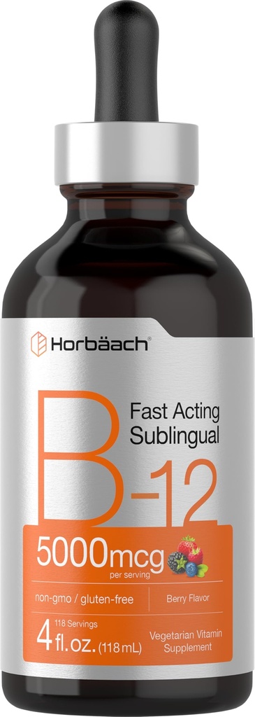 Horbaach B12 Vitamiin 5000 mcg Sublingvaalne | 4 Fl Oz | metüülkobalamiini ja tsüanokobalamiinina | Vedelad taimetilgad | Marjamaitse | Mitte-GMO & Gluteenivaba täiendus