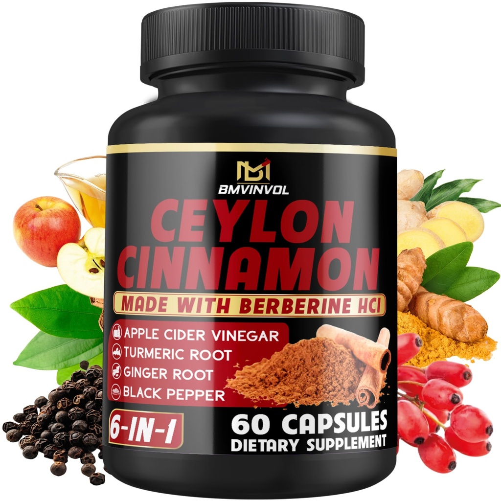 Ceylon Cinnamon Kapslid Berberine HCl, Apple Cider Vinegar, Kurkum, ženšenn, Black Pepper - 6in1 Toetamiseks Immuunfunktsiooni - 60 Count