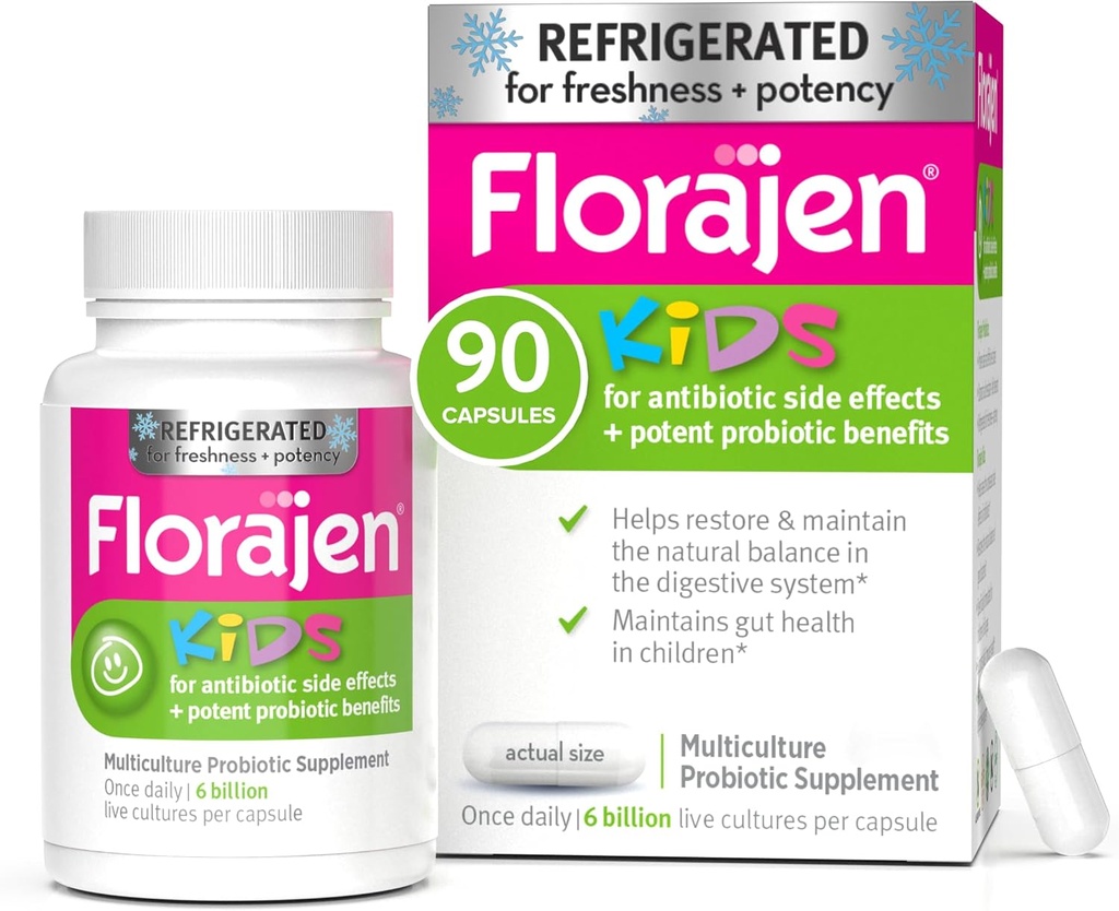 Florajen Kids probiootikumid, 6 miljardit CFU-d, lastele mõeldud külmutatud probiootikumid, mitmekultuuriline probiootiline lisand, leevendab juhuslikku gaasi, puhumist ja kõhukinnisust, toetab soolestiku tervist, 30 Ct (3 Pack)