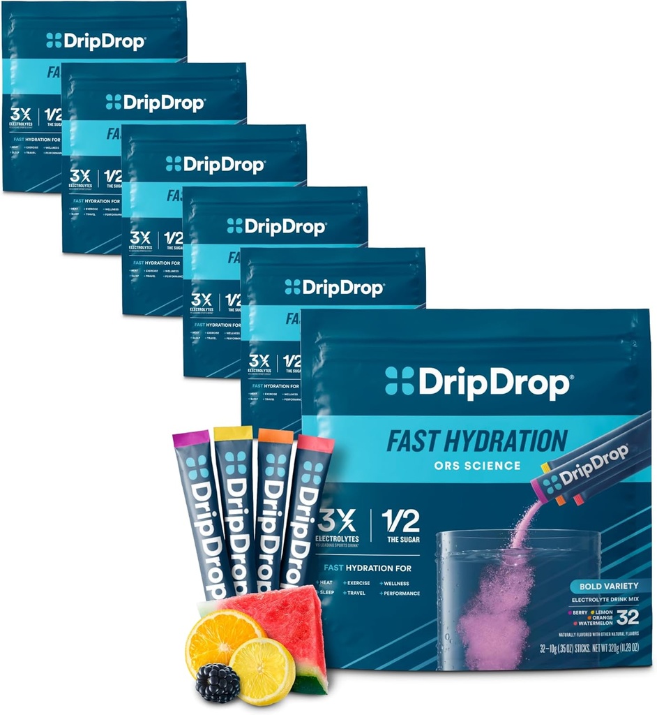 DripDrop hüdratsioonipaketid - Bold Variety Pack - Single Serve Electrolytes Powder Drink Mix - Arbuus, Berry, Sidrun, Orange - Non-GMO, Gluteenivaba, Vegan - 192 Sticks