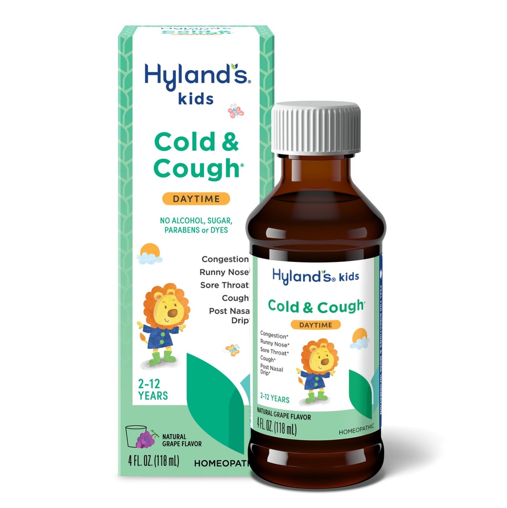 Hyland's Kids Cold and Cough, Daytime Grape Maitsestatud Köha Siirup Medicine lastele vanuses 2 ja vanemad, Decongestant, valulik kurgu leevendamine, looduslik ravi tavalise külma sümptomid, 4 Fl Oz