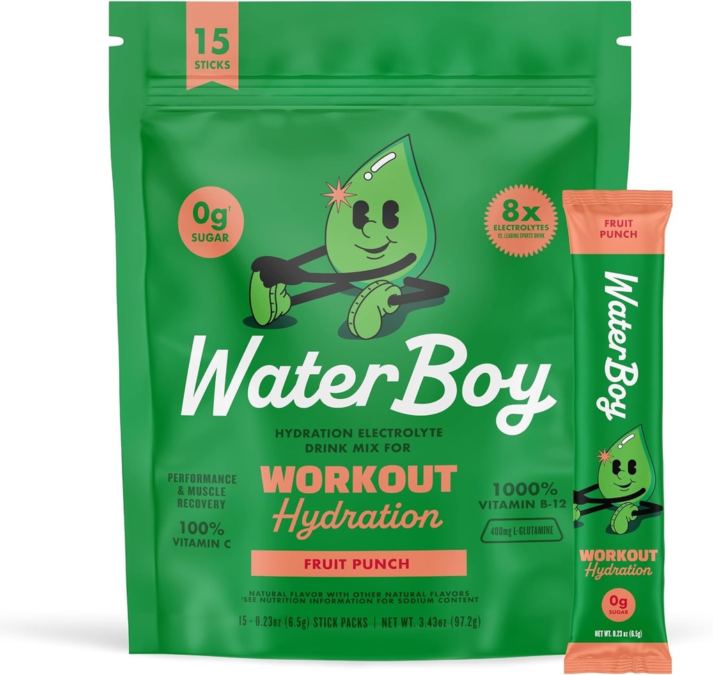 Waterboy Workout Hydration | 2,960mg Suhkruvaba elektrolüüt pulber pakendid | L-Glutamiin + vitamiinid | Ilma suhkruta, kõik looduslikud, gluteenivabad | 15 joogipulgasegud (Fruit Punch)