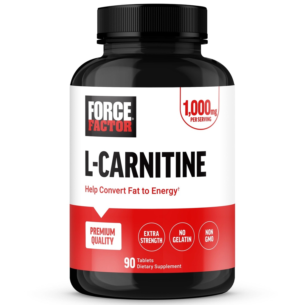 FORCE FACTOR L-karnitiini täiendus, L-karnitiin Tartraat 1000mg kapslid, et muuta rasva energiaks, toetada lihaste taastumist ja suurendada treeningut, Vegan, Non-GMO, 90 tabletti