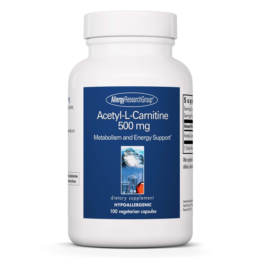 Allergia uurimisrühm Atsetüül-L-karnitiin 500mg täiendus - ainevahetus ja energiatoetus, ALC, vaba vorm Aminohape, taimetoitlased kapslid - 100 loend