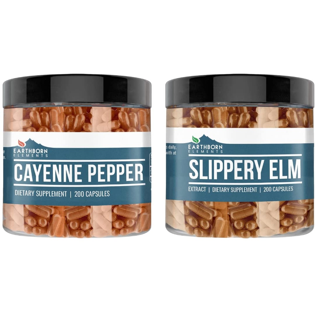 Maapealsed elemendid Cayenne Pepper & Slippery Elm Bundle (200 kapslit iga) Puhas ja lahjendamata, ei lisaaineid