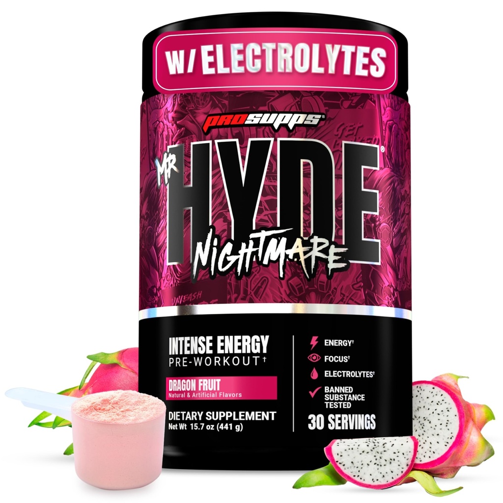 PROSUPPS Mr. Hyde Nightmare Pre Workout Powder kofeiini ja beeta-alaniin - Preworkout intensiivne energia, vaimne fookus ja jõudlus - jõusaali ja fitness täiendused (Dragon Fruit, 30 Servings)