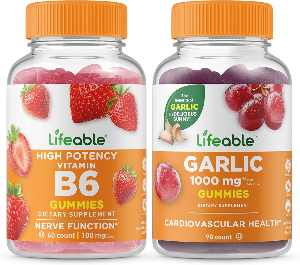 Elujõuline vitamiin B6 + küüslauk 1000mg, Gummies Bundle - suurepärane maitse, vitamiinilisand, gluteenivaba, GMO-vaba, närimiskõlblik