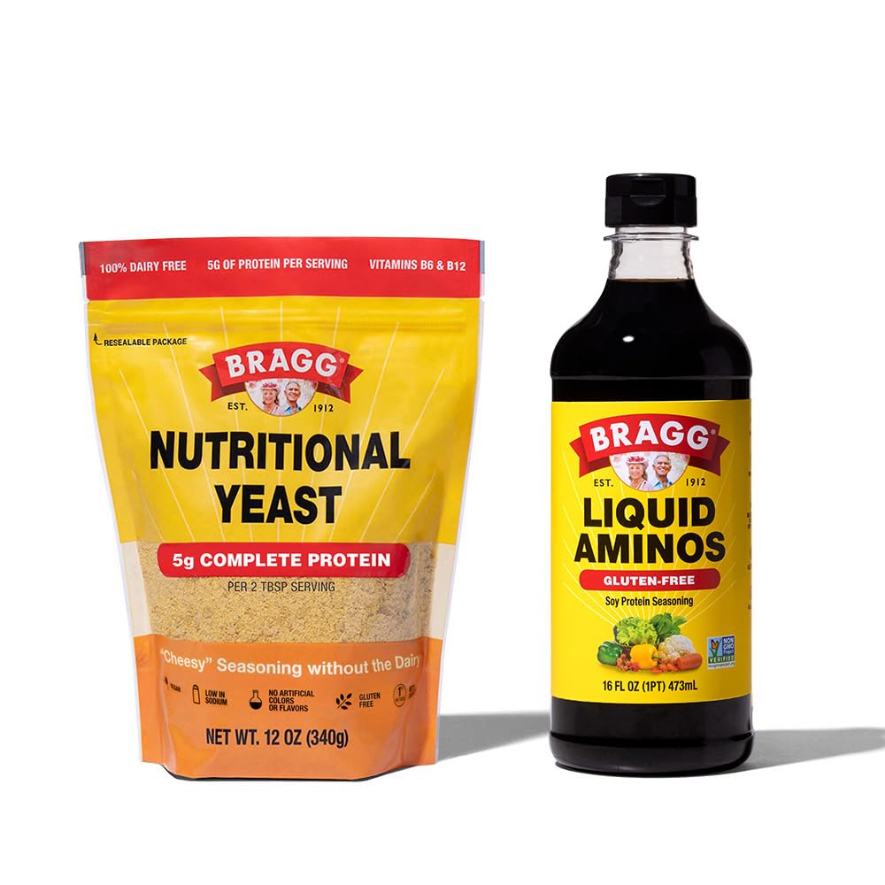 Bragg Premium 12 Ounce Nutritional Yeast Seasoning Pouch - Vegan, Gluteenivaba juustuhelbed ja vedelad Aminos All Purpose Seasoning - Sojakaste Alternatiivne 16 untsi