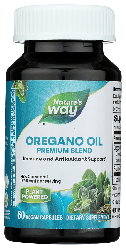 Nature's Way Oregano Oil, Immune and Antioxidant Support Supplement, * 75-85% karvakrool ühe serveerimise kohta, Gluteenivaba, 60 vegankapslit