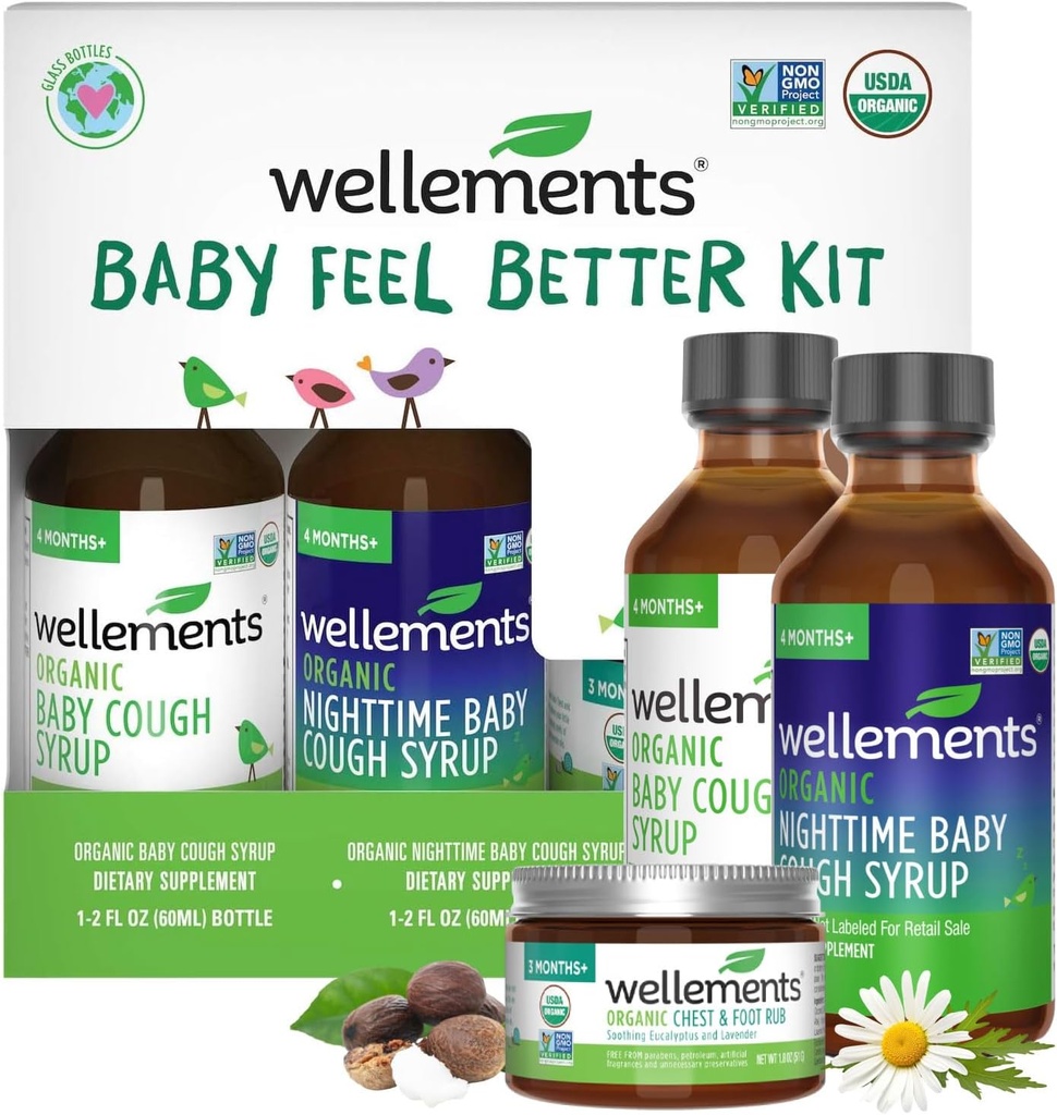 Wellements Organic Baby Feel Better Kit 4 kuud + | Day & Night Syrups Rindkere & Jalga Rub | Rahustav mugavus * Imikutele | USDA sertifitseeritud orgaaniline, mitte-GMO, õrn beebihoolduskomplekt