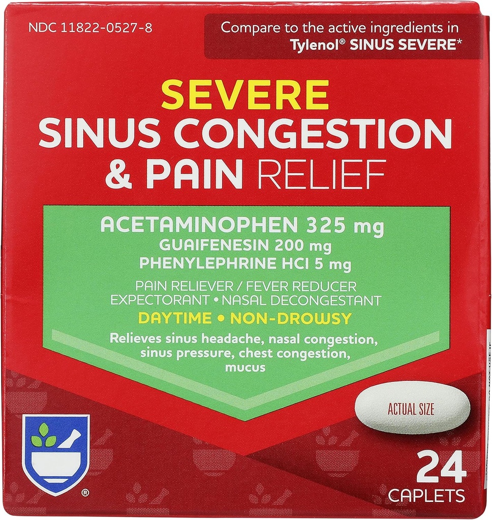 Rite Aid Daytime Raske siinusummikud ja valu leevendamine - atsetaminofeen, 325 mg - 24 kapslit | Multi-Sümptom Mitte-Uimas | Külm ja gripp | Külm ja siinus Ravim täiskasvanutele