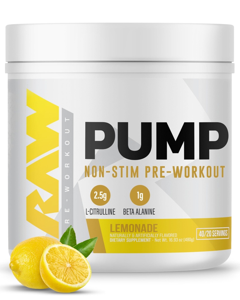 RAW Pump Stim Free Pre Workout (Lemonade) - Mitte stimuleeriv Pre Treening Supplement Pulber Lämmastikoksiidi Booster - Pre Treening täiendused Jook treeningu ajal - 40 Servings