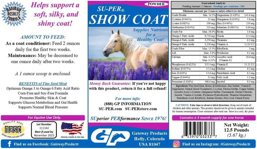 SU-PER Show Coat Supplement hobustele - toetab pehmet, siidist ja läikivat mantlit - kiirem manne ja saba kasv - aminohapped, B-kompleksi vitamiinid ja mineraalid - 12,5 naela, 3 kuu pakkumine
