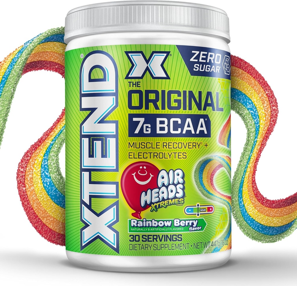 Xtend Original BCAA Powder Airheads Rainbow Berry Flavor, 7g BCAA and 2.5g L-Glutamine, Sugar Free Post Workout Muscle Recovery Drink with Amino Acids for Men & Women, 30 Servings