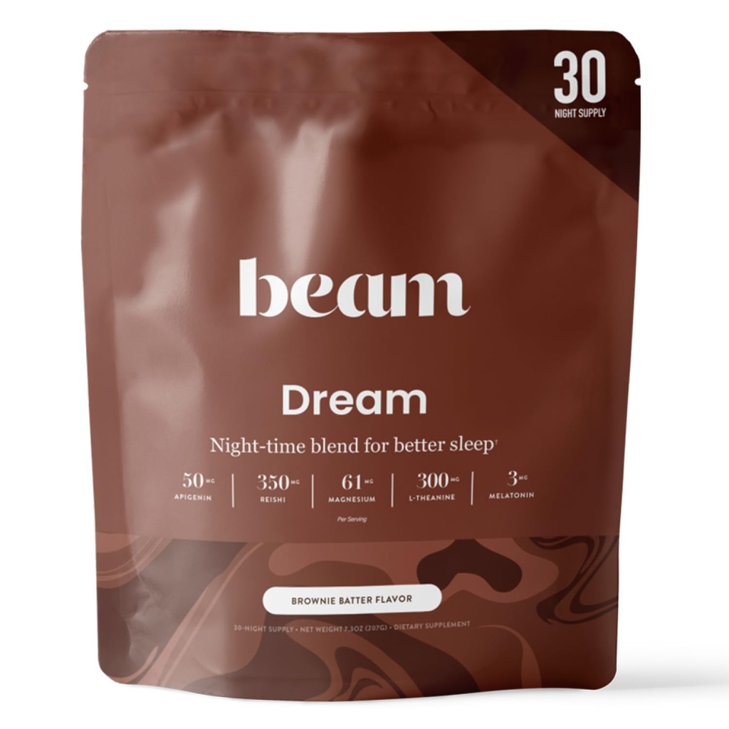 Beam Dream Sleep Powder – Uneabi täiskasvanutele melatoniini, magneesiumi, L-Theanine, Reishi Seene ja Apigenin Sleep Supplement, Sleepy Cocoa Bedtime Drink Mix, Brownie Batter Maitse, 30 Servings