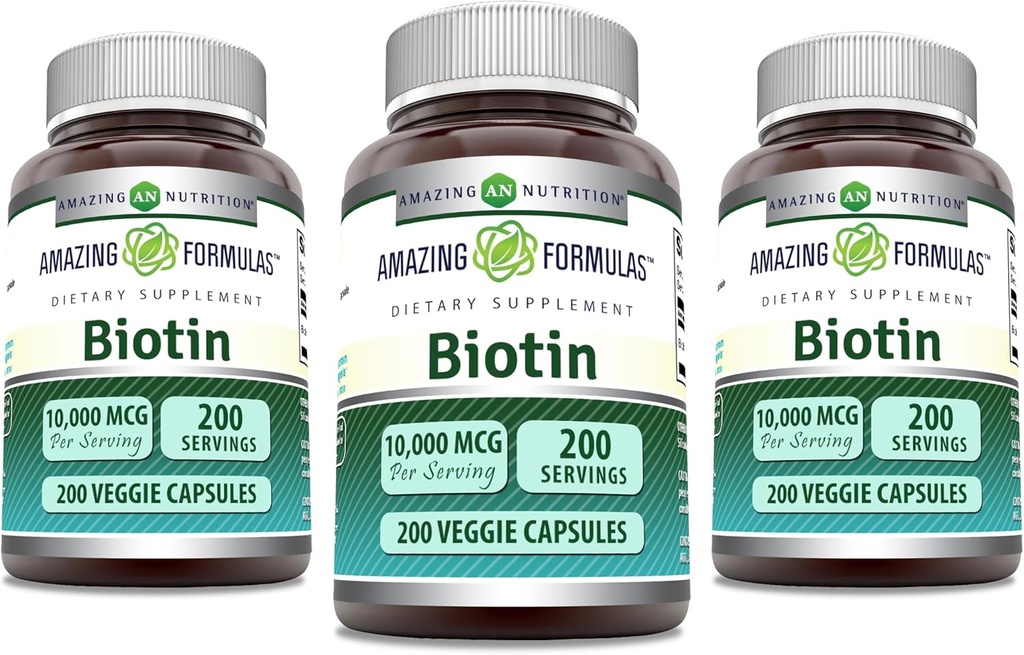 Amazing Formulas Biotin 10000 mcg Veggie kapslid | Vitamiin B7 täiendus | Mitte-GMO | Gluteenivaba | Valmistatud USAs (200 Count | 3 Pack)