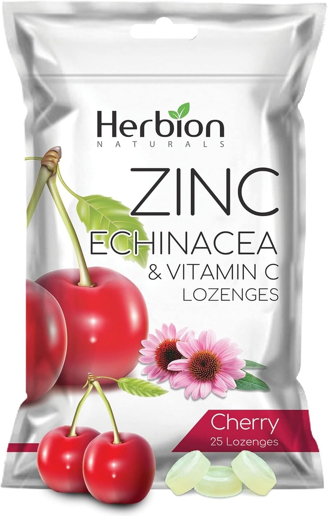 HERBION Naturals Tsink, Echinacea ja C-vitamiin Lozenges 25 CT, toidulisand täiskasvanutele ja lastele 5+, edendab heaolu kogu perele, 25 krahv, kirss, pakend 1
