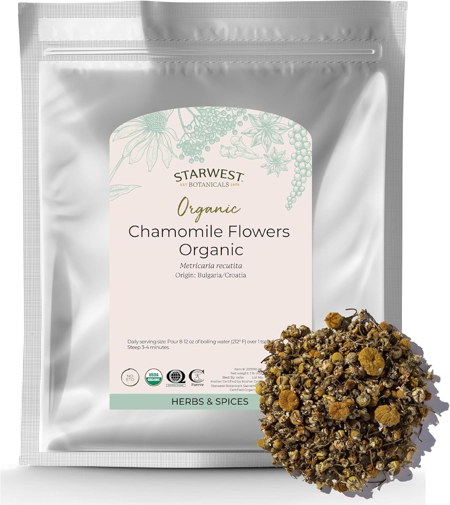 Starwest Botanicals Orgaaniline kummeli lilled Terve - Kuivatatud lahtise lehe maitsetaimed tee, taimsed losjoonid & küpsetamine, Allikas Horvaatia & Bulgaaria, Certified Kosher, Non-GMO - Bulk 1 lb kott