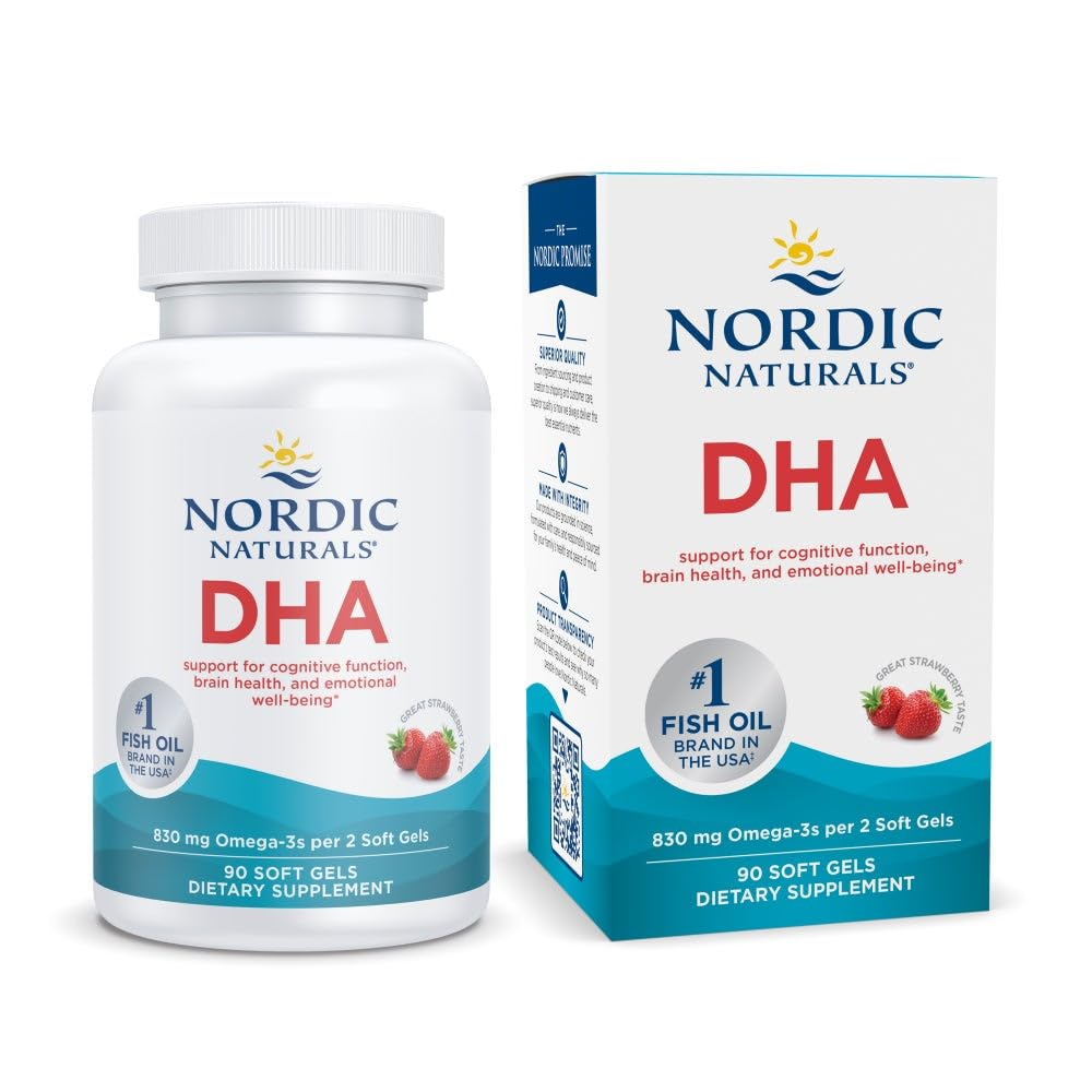 Nordic Naturals DHA, Maasikas - 90 Soft Gels - 830 mg Omega-3 - suure intensiivsusega DHA valem aju ja närvisüsteemi toetamiseks - Non-GMO - 45 Servings