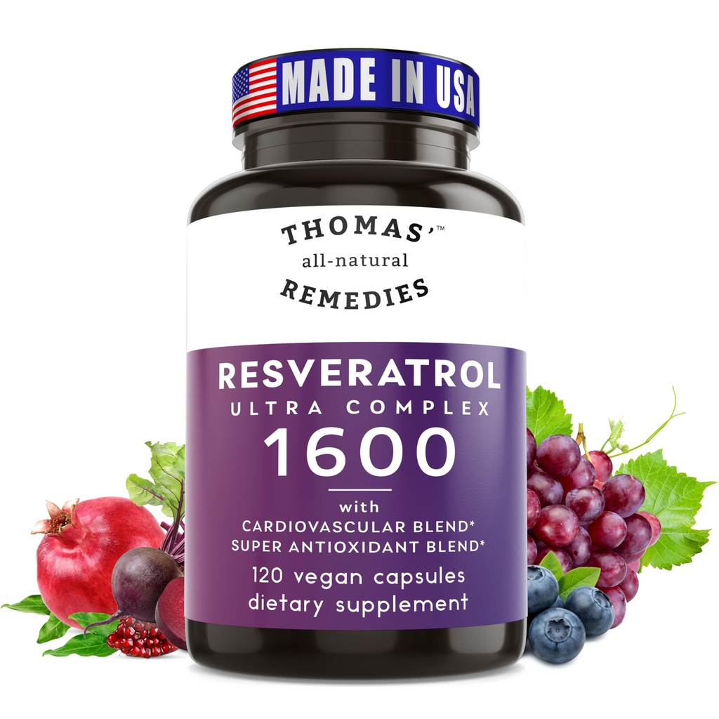 Thomas'i looduslikud abinõud Resveratrol 1600mg Orgaaniline trans-resveratrooli antioksüdandi lisand orgaanilise viinamarjaseemne ekstraktiga ja kvertsetiin- vananemisvastane ja kardiovaskulaarne tugi - 120 kapslit