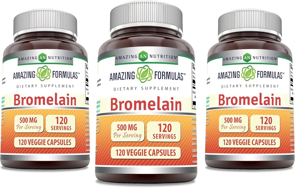 Amazing Formulas Bromelain Supplement | 500 Mg | 2400 GDU | 120 Veggie kapslid | Non-GMO | Gluteenivaba | Valmistatud USAs (3 Pack)