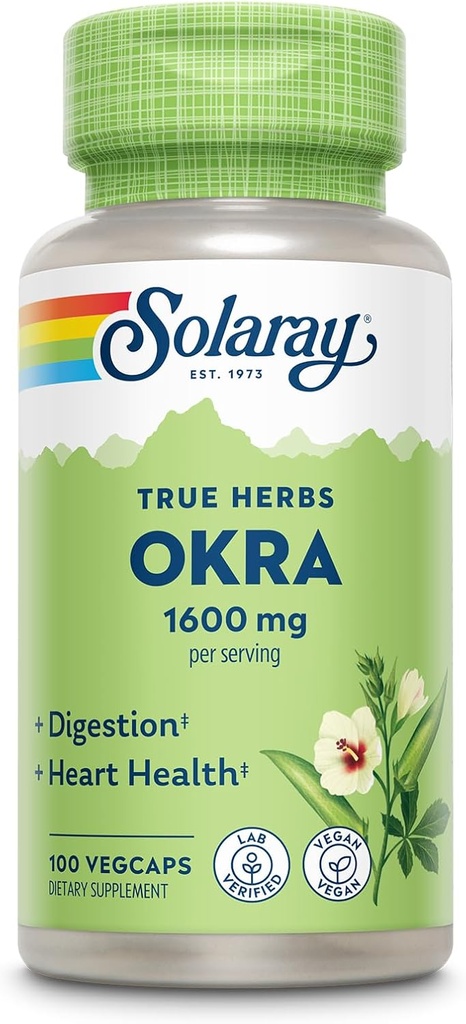 SOLARAY Okra Fruit 1600 mg - High Fiber Supplement for Wellness Support - Rich allikas lahustuv kiud - samaväärne 6,4 g värske Okra per Serving, vegan, 60-päevane garantii - 25 Serving, 100 VegCaps
