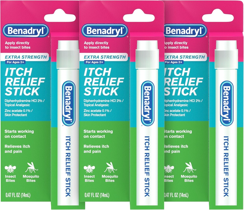 Benadryl Extra Strength Anti-Itch Relief Stick, Bug Bite Itch Relief, Difenhüdramiin HCl Topical Analgesic & Tsink Acetate Skin Protectant, Great for Camping Essentials, 0,47 fl oz (3. pakk)