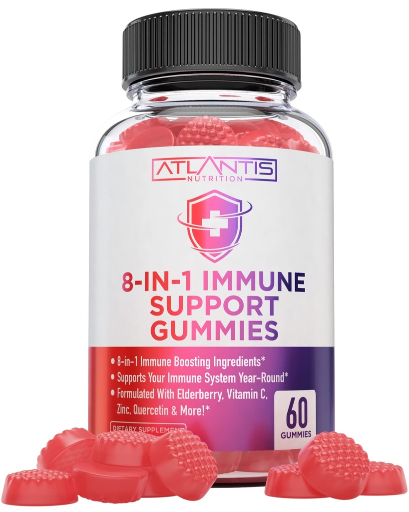 Atlantis Nutrition 8-in-1 Immune Support Gummies Elderberry | Immune Supplement Elderberry, Quercetin, Tsink, C-vitamiin - Immunity Boosters täiskasvanutele ja lastele - Maitsev maitse - 60 Count