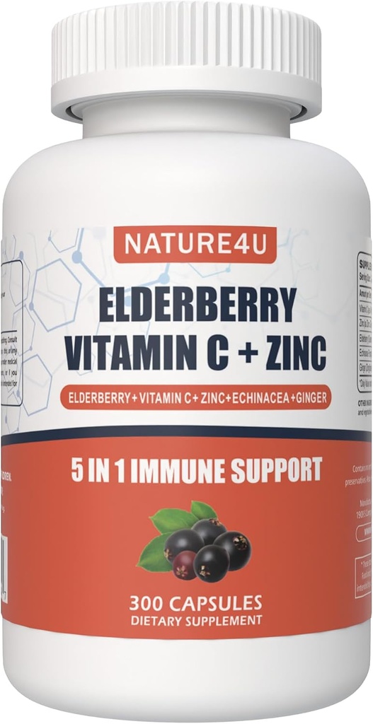 5 in 1 Elderberry Immune Support Supplement, Daily Immune Boosters täiskasvanutele Antioksüdandid Supplement, Elderberry 1000 mg, C-vitamiin, tsink, Echinacea, Ingver, 300 Vegan Kapslid - 5 kuud