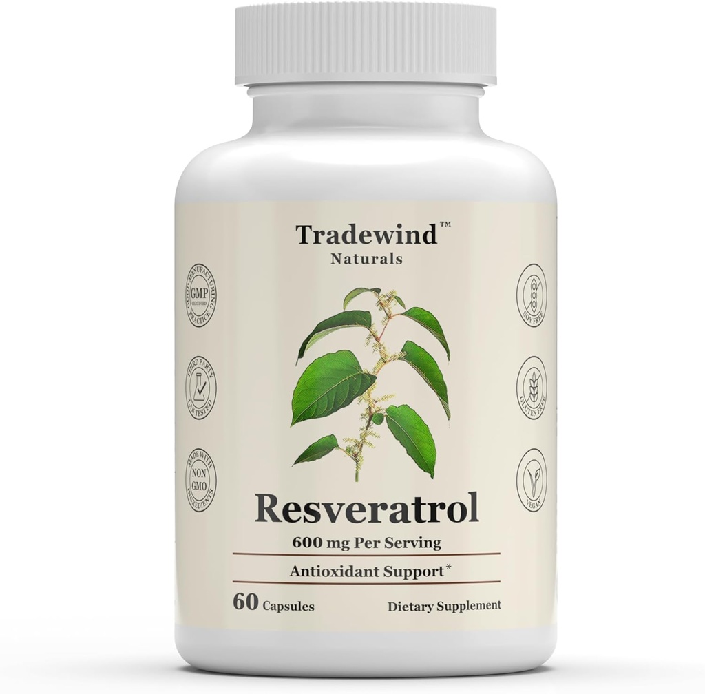 Resveratrool 600mg - vegan - mitte-GMO - tervisliku vananemise ja südame-veresoonkonna tervise toetamine - antioksüdantide rikas - 60 köögiviljakapslit
