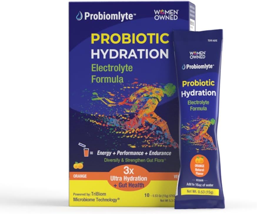 Probiootiline hüdratatsioonivõimendi (oranž) koos patenteeritud TriBiom mikrobioomi tehnoloogiaga vastupidavuse, jõudluse, energia ja soolestiku tervise jaoks
