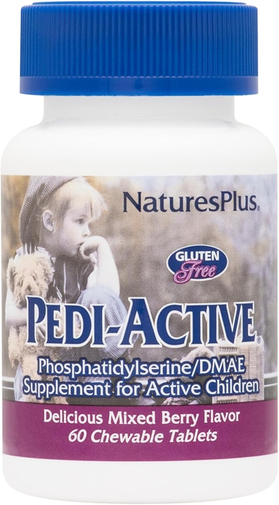 NaturesPlus Pedi-Active LECI-PS, DMAE kompleks - 60 närimistabletti - segatud marjamaitse - lastele närimistablettt, soodustab aju tervist, fookus - taimetoitlane, gluteenivaba - 30 serveerimist
