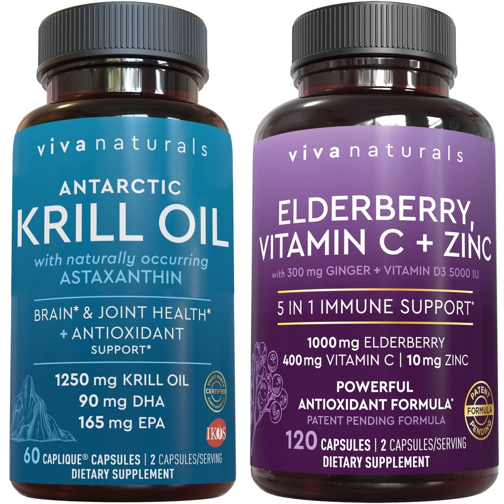 Viva Naturals Antarktika krill õli ja leedripuu, vitamiin C, tsink ja vitamiin D3 5000 IU komplekt, 1250 mg krillõli, mis annab Omega 3 EPA ja DHA liigese tervise jaoks, leedripuu immuunsuse toetamiseks