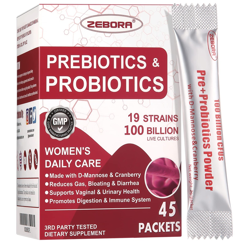 ZEBORA Probiootikumid-for-Women 100 miljardit-CFU-d prebiootikumidega, D-Mannose & Cranberry seedetrakti jaoks, immuunsüsteem, naiselik TÜ tervisetoetus, ülim probiootiline naiste hooldus, soja ja gluteenivaba, 45 pakendit