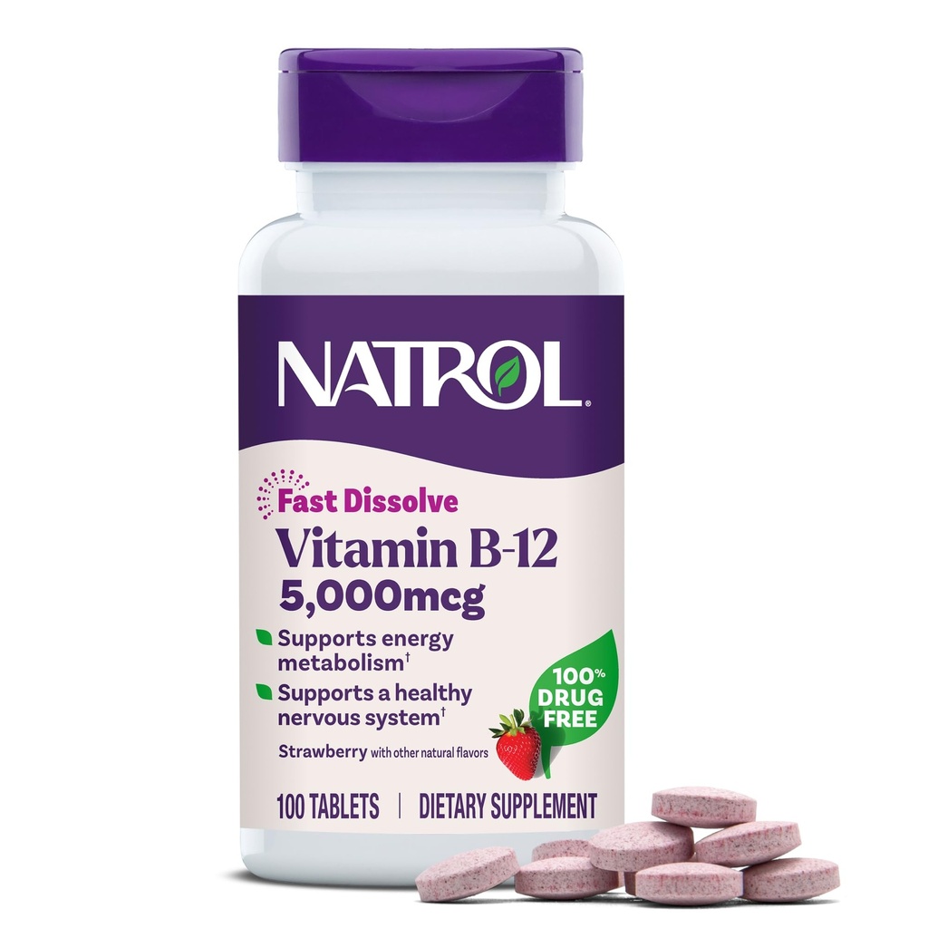Natrol Vitamiin B12 5000 mcg, kiiresti lahustuv vitamiin B12 täiendus toetab tervislikku närvisüsteemi ja energia ainevahetust, 100 tabletti, kuni 100 päeva pakkumine
