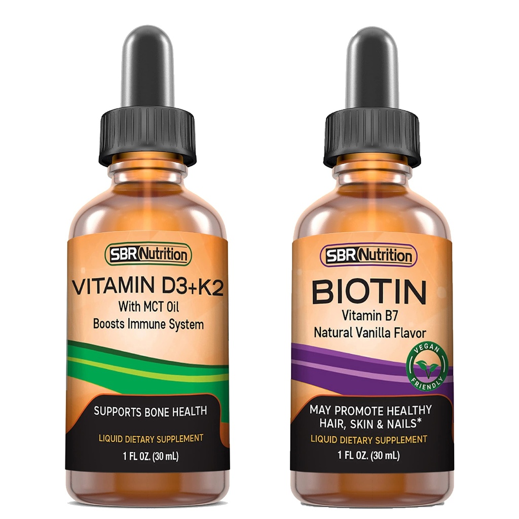 SBR Nutrition D3+K2 and Biotin Bundle Vitamin D3K2 (MK7) Liquid Drops, Peppermint, 1oz | Biotin 5000mcg Liquid Drops, Vanilla 2oz | for Adults & Kids | Non-GMO, Gluten Free