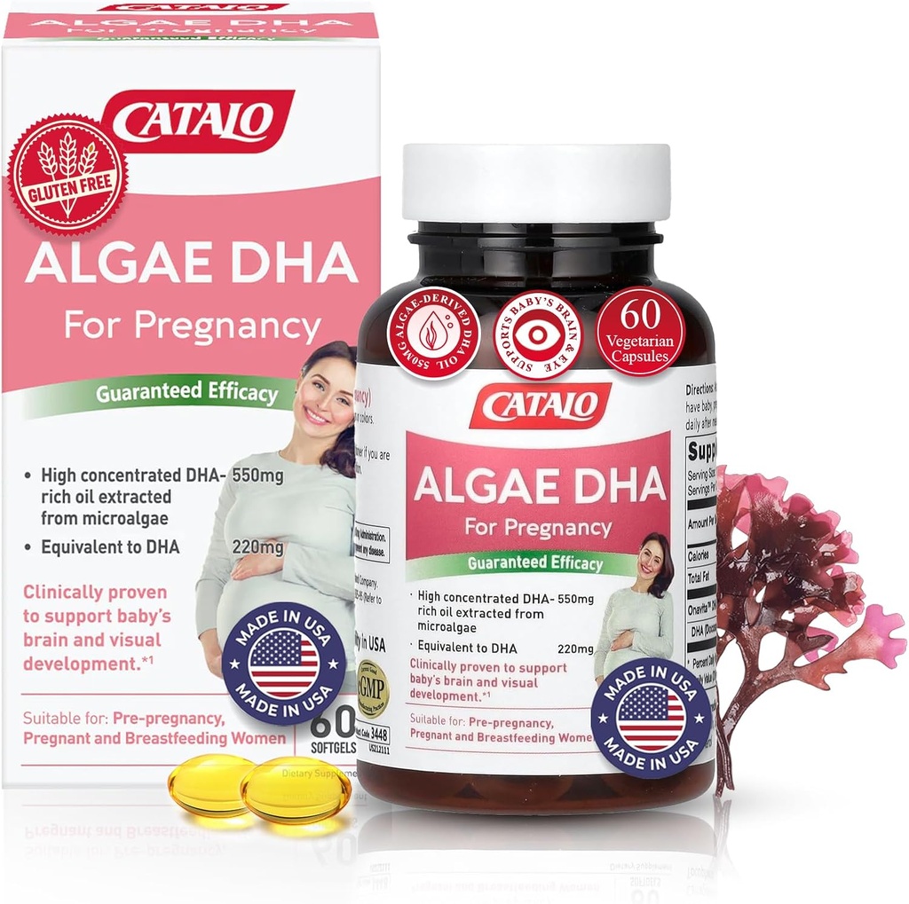 CATALO Omega 3 vetikate DHA naistele - 550 mg DHA-rikast õli mikrovetikatest, ideaalne sünnieelseks, raseduseks ja rinnaga toitmiseks, taimetoitlased pehmed, gluteenivabad - 60 Softgels